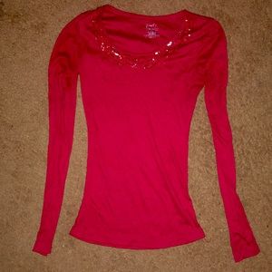 Red long sleeve shirt with sequins, holiday shirt